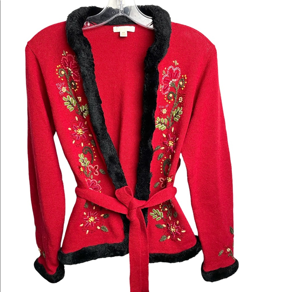 Carson Belted Open Front Floral Embroidered Sweater Cardigan Size S/P